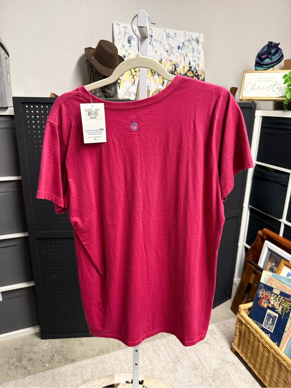 Life Is Good Magenta V-Neck Tee with Half Full Wine Glass Graphic NWT - Picture 3 of 8